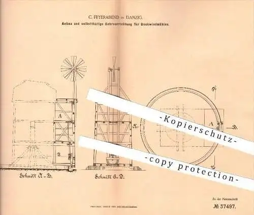 original Patent - C. Feyerabend in Danzig , 1886 , Anbau u. Kehrvorrichtung für Bockwindmühlen , Windmühlen , Mühlen