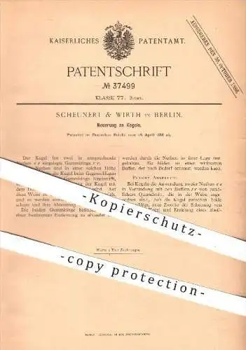 original Patent - Scheunert & Wirth , Berlin , 1886 , Kegel , Kegeln , Kegelsport , Kegelbahn , Sport , Bowling , Bowlen