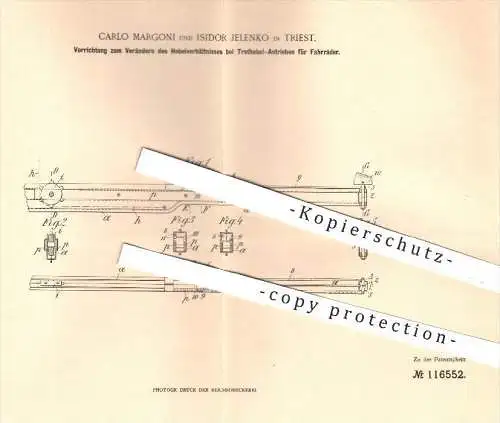 original Patent - Carlo Margoni und Isidor Jelenko , Triest , 1900 , Hebelverhältnis beim Trethebel - Antrieb am Fahrrad