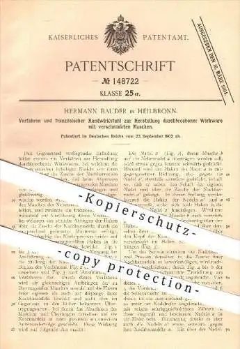 original Patent - Hermann Bauder , Heilbronn , 1902 , französischer Wirkstuhl zur Herstellung durchbrochener Wirkware