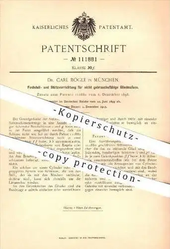 original Patent - Dr. Carl Bögle , München , 1899 , Feststell- und Stützvorrichtung für Gliedmaßen , Schienen , Medizin