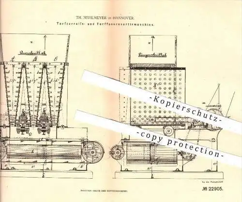 original Patent - Th. Nehlmeyer in Hannover , 1882 , Torfzerreissmaschine u. Torfsortiermaschine , Torf , Papierfabrik !