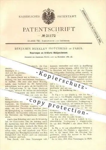 original Patent - Benjamin Berkley Hotchkiss in Paris , 1881 , Artillerie - Hohlgeschosse , Waffen , Geschosse , Gewehr