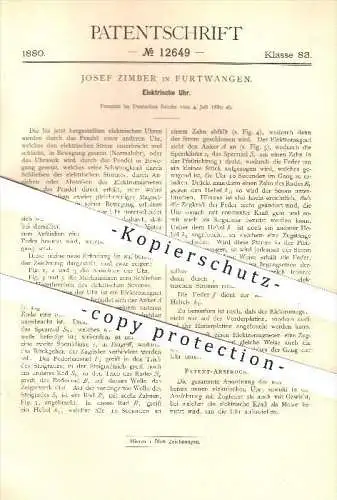 original Patent - Josef Zimber in Furtwangen , 1880 , Elektrische Uhr , Uhren , Uhrmacher , Uhrwerk , Elektrik !!!