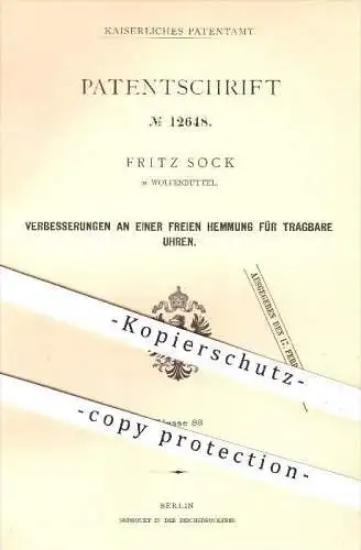 original Patent - Fritz Sock in Wolfenbüttel , 1880 , freie Hemmung für tragbare Uhren , Uhr , Uhrmacher , Uhrwerk !!!