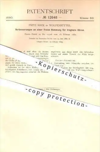 original Patent - Fritz Sock in Wolfenbüttel , 1880 , freie Hemmung für tragbare Uhren , Uhr , Uhrmacher , Uhrwerk !!!