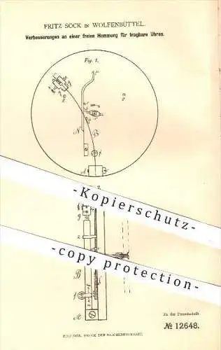 original Patent - Fritz Sock in Wolfenbüttel , 1880 , freie Hemmung für tragbare Uhren , Uhr , Uhrmacher , Uhrwerk !!!