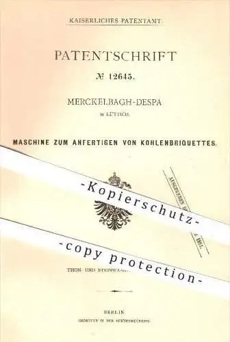 original Patent - Merckelbagh-Despa in Lüttich , 1880 , Maschine zum Anfertigen von Kohlen - Brikett , Kohle !!!