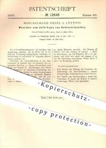 original Patent - Merckelbagh-Despa in Lüttich , 1880 , Maschine zum Anfertigen von Kohlen - Brikett , Kohle !!!