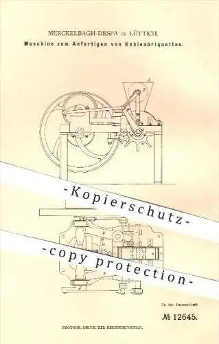 original Patent - Merckelbagh-Despa in Lüttich , 1880 , Maschine zum Anfertigen von Kohlen - Brikett , Kohle !!!