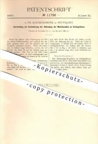 original Patent - A. Fr. Kochendörfer in Stuttgart , 1880 , Höhenlage der Melodie - Saiten an Zittern , Zitter , Musik !