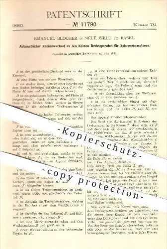 original Patent - Emanuel Blocher in Neue Welt bei Basel , 1880 , Automatischer Kannenwechsel an Spinnerei - Maschinen !