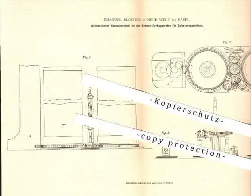 original Patent - Emanuel Blocher in Neue Welt bei Basel , 1880 , Automatischer Kannenwechsel an Spinnerei - Maschinen !