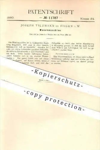 original Patent - Joseph Tiltmann in Hagen i. W. , 1880 , Waschmaschine , Wäsche , Haushalt , Hauswirtschaft , Waschen !