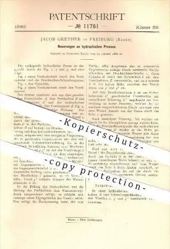 original Patent - Jacob Grether in Freiburg , 1880 , hydraulische Presse , Pressen , Kolben , Zylinder , Wasserleitung !