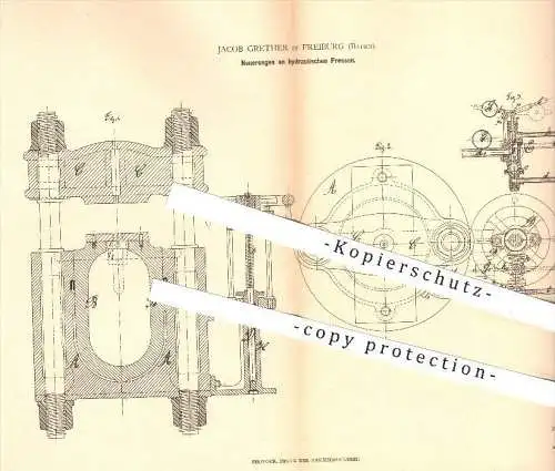 original Patent - Jacob Grether in Freiburg , 1880 , hydraulische Presse , Pressen , Kolben , Zylinder , Wasserleitung !