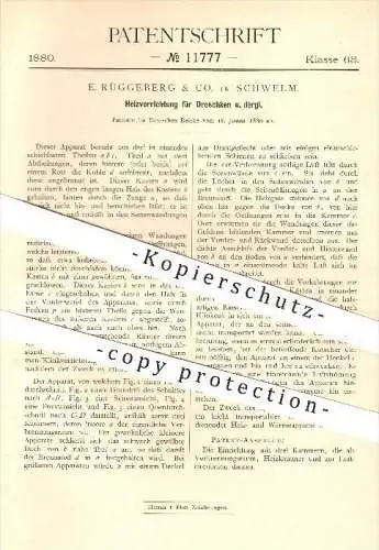 original Patent - E. Rüggeberg & Co. in Schwelm , 1880 , Heizung für Droschken , Droschke , Kutsche , Wagenbau !!!