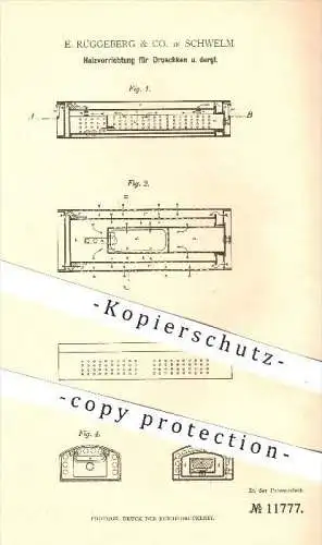 original Patent - E. Rüggeberg & Co. in Schwelm , 1880 , Heizung für Droschken , Droschke , Kutsche , Wagenbau !!!