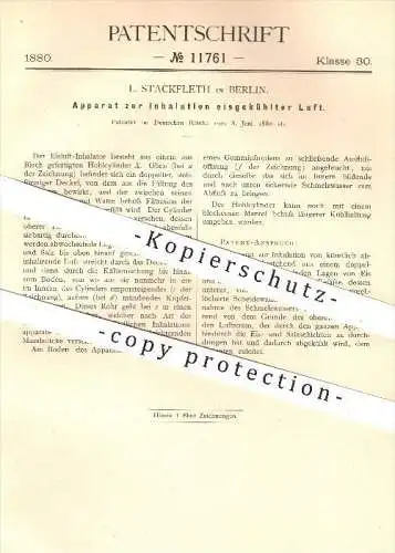 original Patent - L. Stackfleth in Berlin , 1880 , Apparat zur Inhalation eisgekühlter Luft , Gesundheit , Medizin !!!