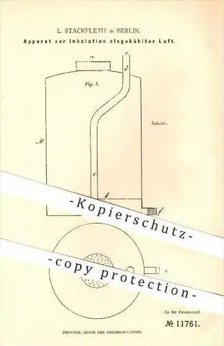 original Patent - L. Stackfleth in Berlin , 1880 , Apparat zur Inhalation eisgekühlter Luft , Gesundheit , Medizin !!!