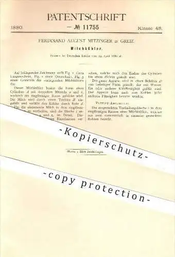 original Patent - Ferdinand August Mitzinger in Greiz , 1880 , Milchkühler , Milch , Kühlung , Landwirtschaft , Bauer