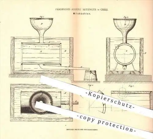 original Patent - Ferdinand August Mitzinger in Greiz , 1880 , Milchkühler , Milch , Kühlung , Landwirtschaft , Bauer