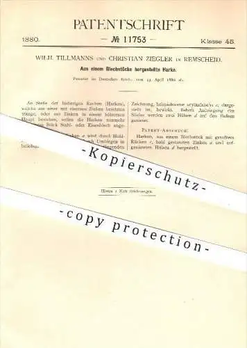 original Patent - Wilh. Tillmanns , Christian Ziegler , Remscheid , 1880 , Harke aus einem Blechstück , Harken , Rechen