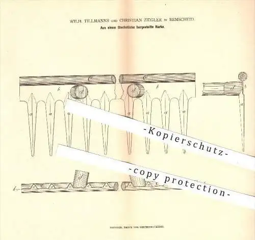 original Patent - Wilh. Tillmanns , Christian Ziegler , Remscheid , 1880 , Harke aus einem Blechstück , Harken , Rechen