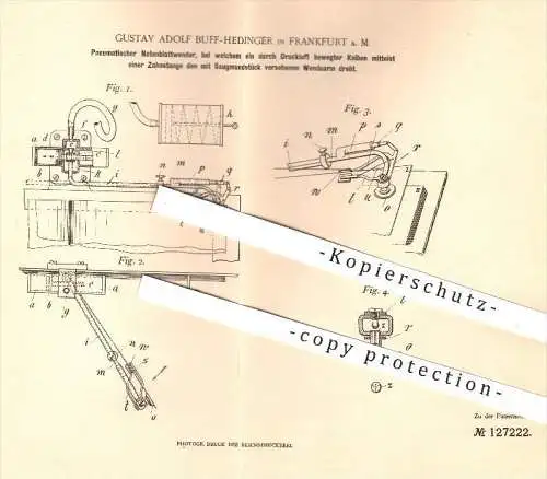 original Patent - Gustav A. Buff - Hedinger in Frankfurt am Main , 1900 , Pneumatischer Notenblattwender , Notenblatt !!