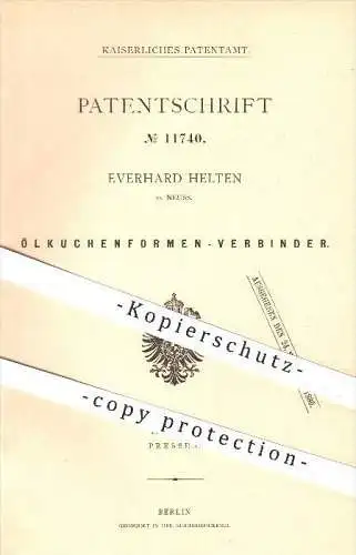 original Patent - Everhard Helten in Neuss , 1880 , Ölkuchenformen - Verbinder , Presse , Pressen , Öl , Ketten , Leder