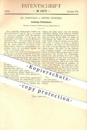 original Patent - Ed. Weinstein in Giesing - München , 1878 , Einhändige Pferdeschere , Pferd , Pferde , Schere , Haare