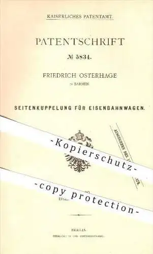 original Patent - Friedrich Osterhage in Barmen , 1878 , Kupplung für Eisenbahnen , Eisenbahn , Lokomotive , Fahrzeugbau