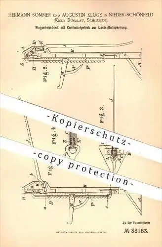 original Patent - H. Sommer u. A. Kluge , Nieder-Schönfeld , Bunzlau  / Boleslawie , Schlesien , 1886, Wagenhebebock !!!