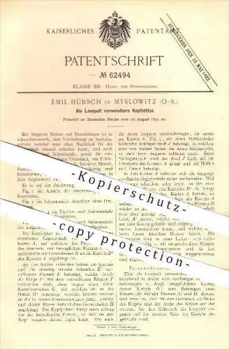 original Patent - Emil Hübsch in Myslowitz / Myslowice , 1891 , Als Lesepult verwendbare Kopfstütze , Schlesien !!