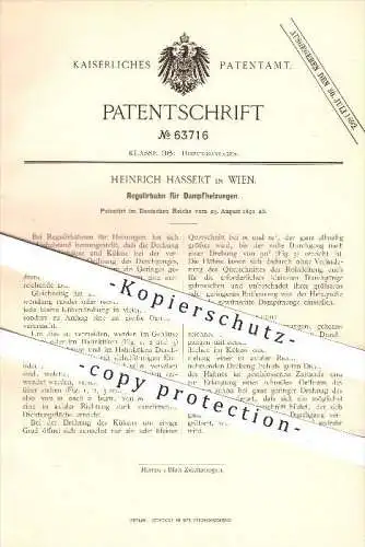 original Patent - Heinrich Hassert in Wien , 1891 , Regulierhahn für Dampfheizungen , Heizung , Heizungen , Dampf !!!