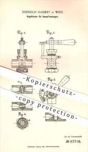 original Patent - Heinrich Hassert in Wien , 1891 , Regulierhahn für Dampfheizungen , Heizung , Heizungen , Dampf !!!