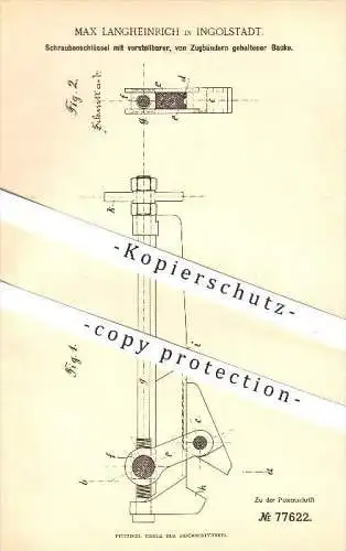 original Patent - M. Langheinrich , Ingolstadt , 1893, Schraubenschlüssel mit verstellbarer Backe , Werkzeug , Schlosser