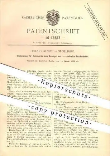 original Patent - Fritz Glaenzel in Stollberg , 1888 , Spielwerk mit Anzeige des zu spielenden Musikstückes , Spieldose