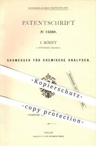 original Patent - J. Bonny in Stolberg , Bahnhof , 1880 , Gasmesser für chemische Analysen , Messung , Gas , Chemie !!!