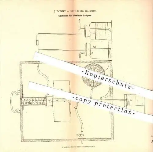 original Patent - J. Bonny in Stolberg , Bahnhof , 1880 , Gasmesser für chemische Analysen , Messung , Gas , Chemie !!!