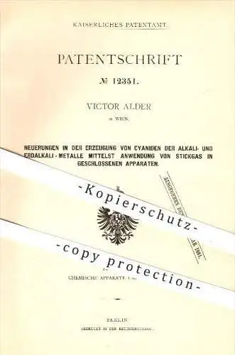 original Patent - Victor Alder in Wien , 1880 , Erzeugung von Zyaniden der Alkali - und Erdalkali - Metalle , Chemie !!!