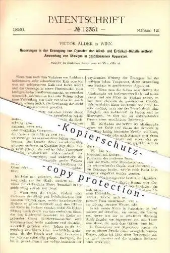 original Patent - Victor Alder in Wien , 1880 , Erzeugung von Zyaniden der Alkali - und Erdalkali - Metalle , Chemie !!!