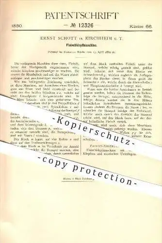 original Patent - Ernst Schott in Kirchheim i. T. , 1880 , Fleischklopfmaschine , Fleischer , Fleisch , Schlachterei !!!