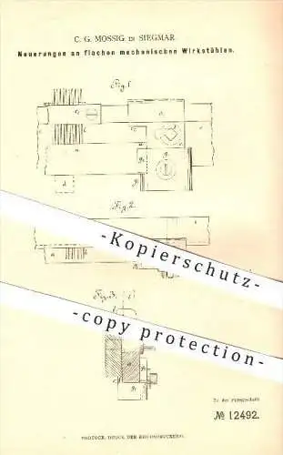 original Patent - G. C. Mossig in Siegmar , 1880 , flacher mechanischer Wirkstuhl , Flecht- und Strickmaschinen !!!