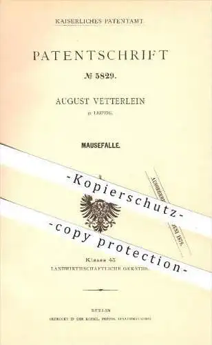 original Patent - August Vetterlein , Leipzig , 1878, Mausefalle , Maus , Mäuse , Tiere , Tierfalle , Falle , Schädlinge