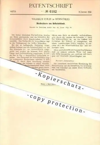 original Patent - Wilhelm Ehlis in Remscheid , 1879 , Blechschere aus Gussstahlblech , Schere , Blech , Gussstahl , Guss