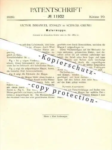 original Patent - Victor Immanuel Ensslin in Schwäbisch Gmünd , 1880 , Malermappe , Maler , Künstler , Kunst , Zeichnen