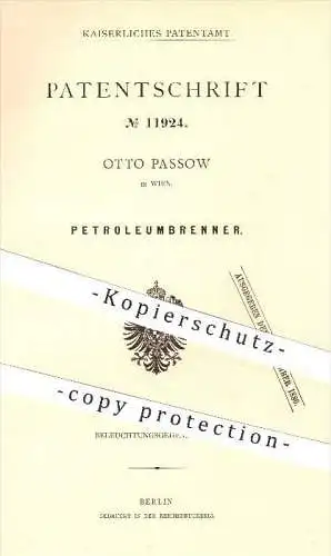 original Patent - Otto Passow , Wien ,1880, Petroleumbrenner , Petroleum , Brenner , Beleuchtung , Licht , Lampe , Docht