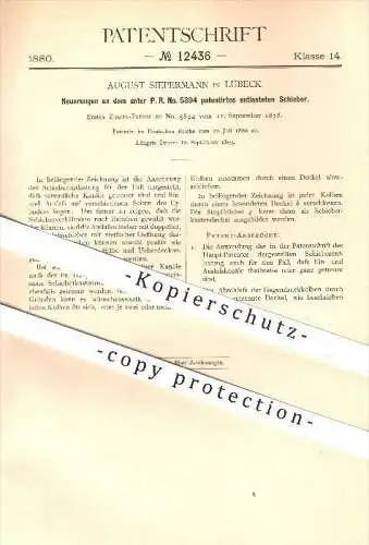 original Patent - August Siepermann in Lübeck , 1880 , entlasteter Schieber , Dampfmaschinen , Dampf , Zylinder !!!