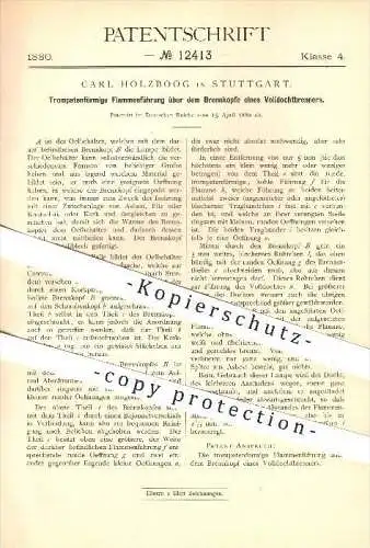 original Patent - Carl Holzboog , Stuttgart , 1880 , Flamme über dem Brennkopf eines Volldochtbrenners , Brenner , Licht